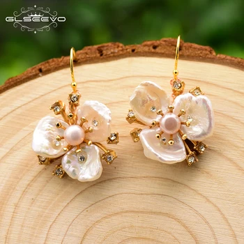

GLSEEVO Original Design Handmade Natural Fresh Water Pearl Flower Drop Earrings For Women Wedding Luxury Jewelry GE0713A