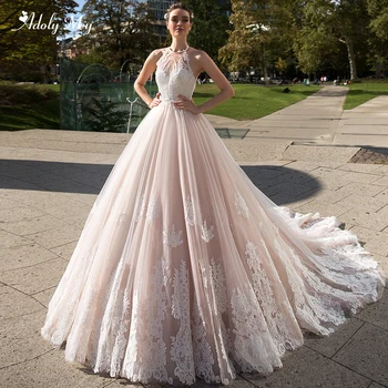 

Adoly Mey Romantic Halter Neck Backless A-Line Wedding Dress 2020 Luxury Beaded Sashes Appliques Court Train Vintage Bridal Gown