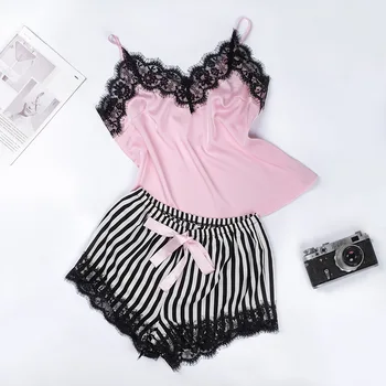 

Lace Sexy Women Pajama Set Summer Sleeveless Pajama Tops And Stripe Shorts V Neck Comfort Sleepwear Suit Casual Homewear 2020