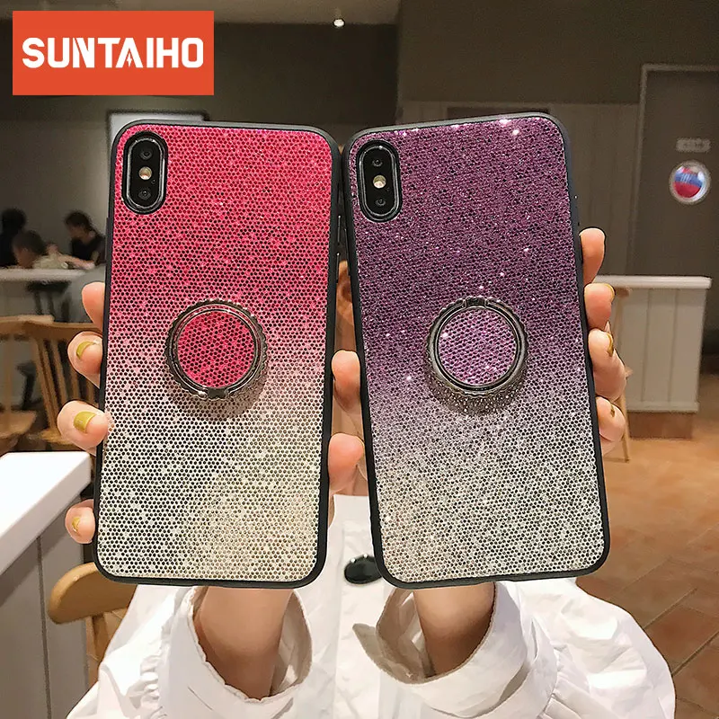 Градиентный блестящий чехол для телефона iphone X XS XR Max 7 8 подставка с кольцом