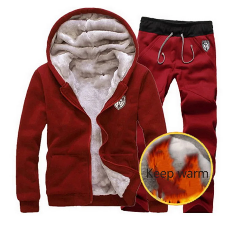 Adisputent Autumn Winter Thick Men Suits Men's Sportswear Tracksuit with Zipper Hoodie Two Pieces Set Drawstring chandal hombre - Цвет: wine red