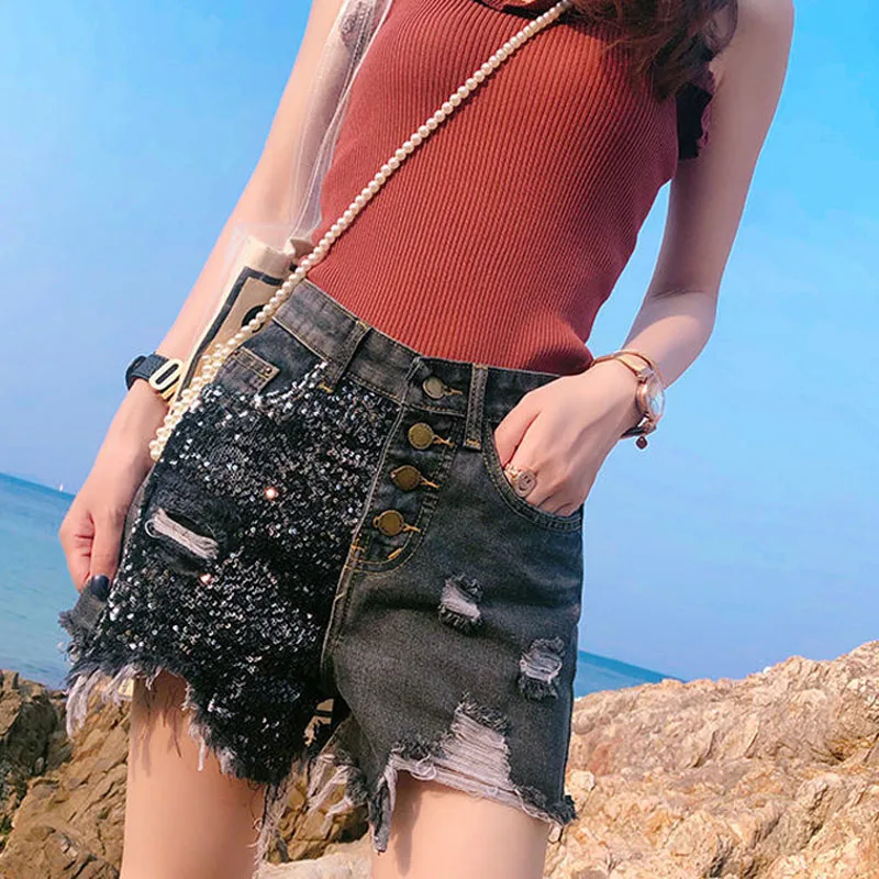 Loose Sequin High Waist Denim Women Shorts Summer Sexy Female Shorts - Цвет: picture