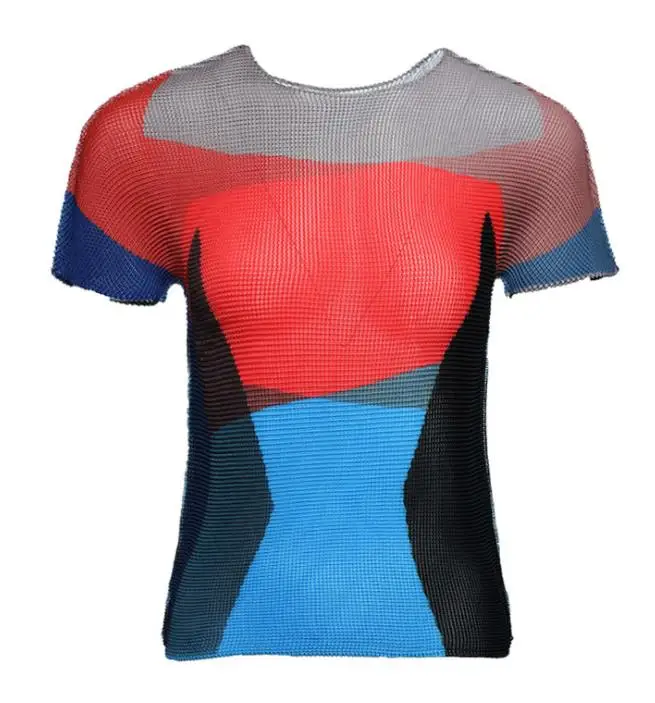 Новая летняя футболка с круглым вырезом и принтом Miyake fold, облегающая футболка с короткими рукавами, женские топы