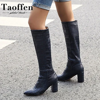 

Taoffen Women Knee Boots Fashion High Heel Winter Shoes Woman Warm Stone Print Sexy Long Boot Office Lady Footwear Size 34-43
