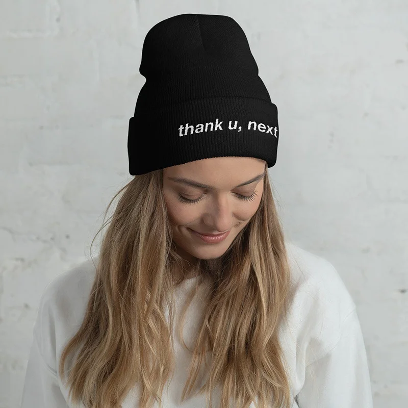 

WZCX Simple Thank U Next Letter Embroidery Beanie Unisex Hip Hop Keep Warm Crimping Fashion New Ski Cap Winter Hat