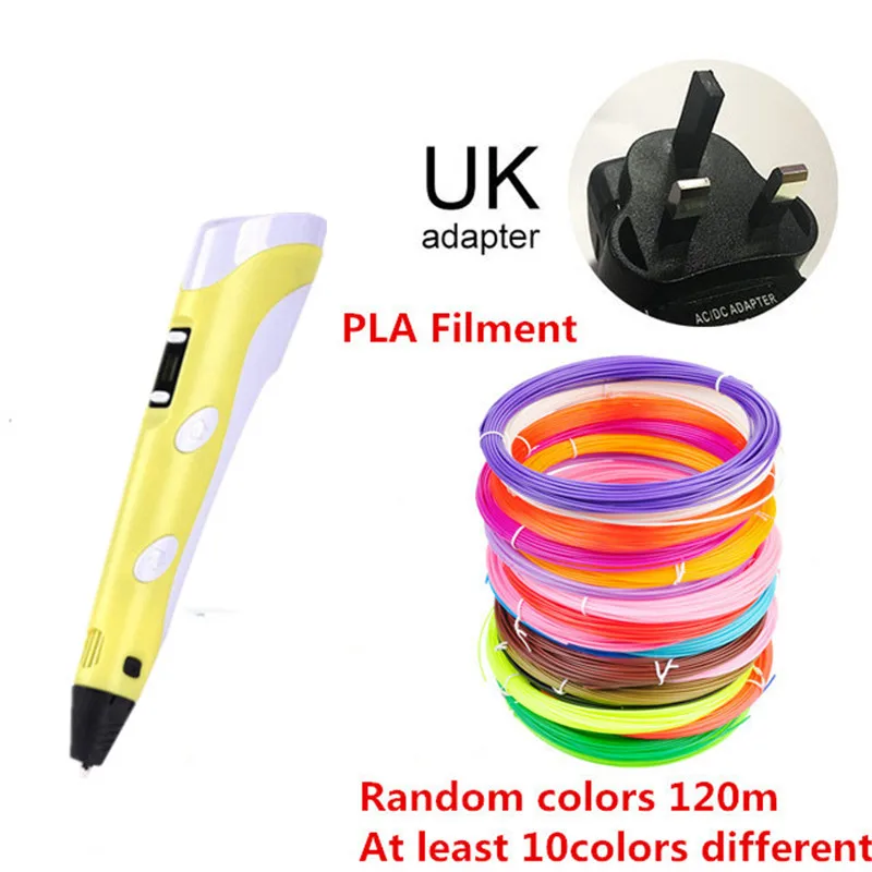 UK YELLOW 120M 3D ручка, ручка для 3d-печати, светодиодный дисплей, 3D ручки с 20 цветами, PLA ABS нити, зарядка через usb, 3D Ручка, набор для детей и взрослых, подарок - Цвет: UK YELLOW 120M