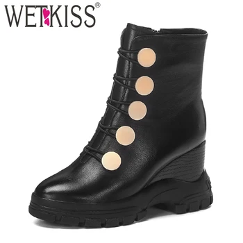 

WETKISS High Heels Ankle Boots Women Cow Leather Wedges Booties Platform Shoes Female Round Toe Zip Shoes Ladies Winter 2020 New