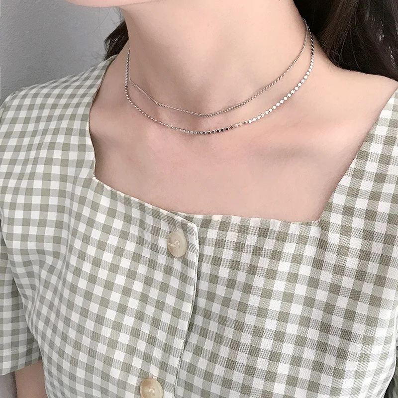 

Silvology 925 Sterling Silver Double Layers Flat Bead Choker Necklace for Women Elegant Temperament Necklace Fashionable Jewelry