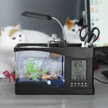 

Multifunctional Black USB Rechargeable Mini Fish Tank Aquarium with Clock Function LED Light for living room, office decor