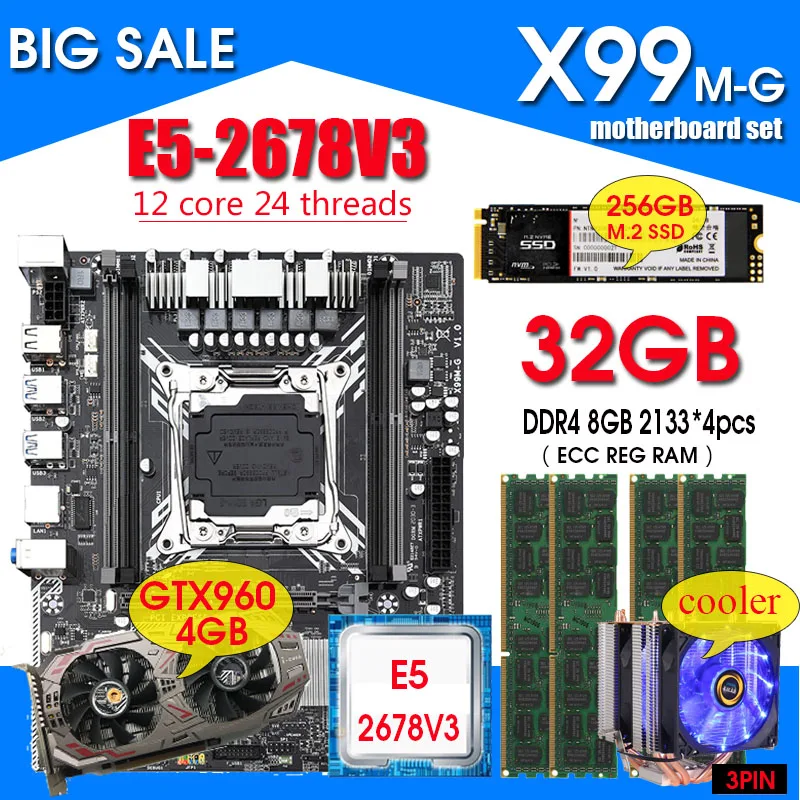 X99 Motherboard combos LGA2011 3 E5 2678 V3 Processor 4pcs 8GB 2133
