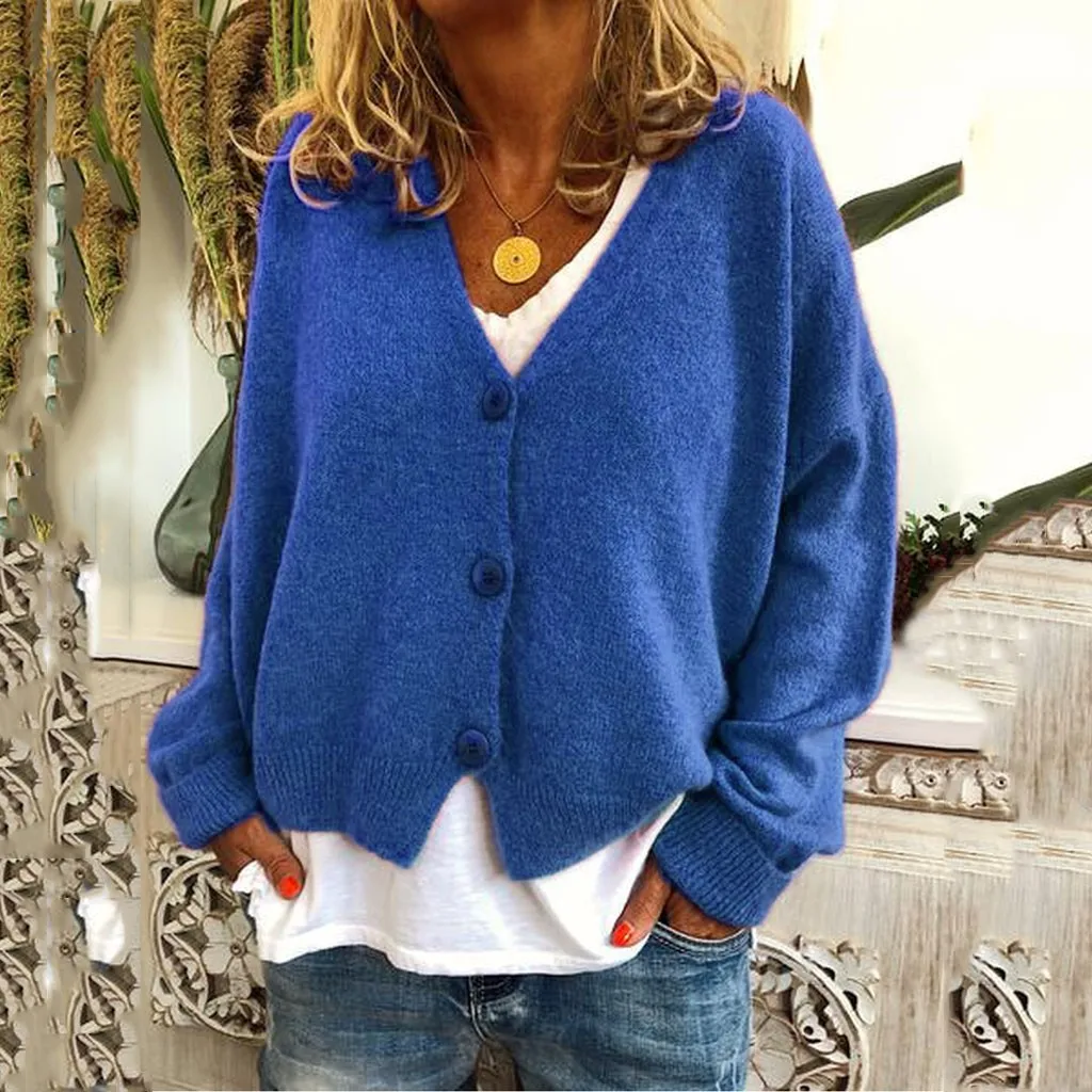 Модный женский однотонный вязаный кардиган с v-образным вырезом и пуговицами, повседневный эластичный вязаный свитер, короткий мягкий кардиган, пальто