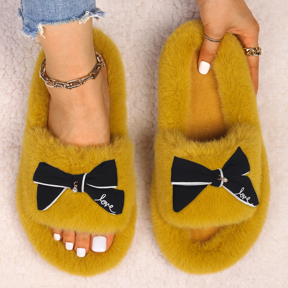 Women's Slippers Fluffy Flip Flops Bowknot Decor Furry Slides Faux Fur Indoor Slippers Ladies Cute Flat Sandals Female Fur Shoes