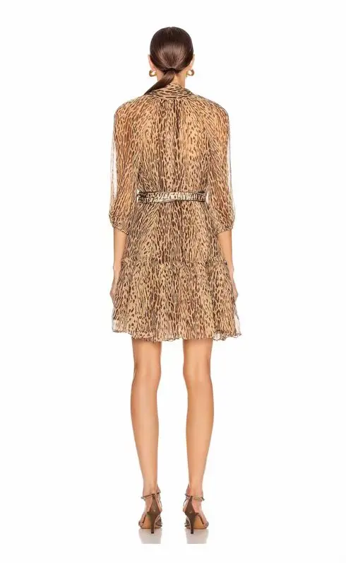 10.6 Autumn new Silk Leopard Bow Tie lantern Sleeve Single-breasted Women's Mini Dress Matching Belt
