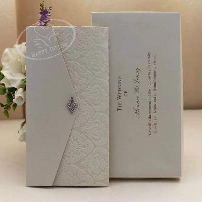 HI6009-20 Customized Wedding Card in Cream with Ivory Flocking Patterns More Colors Available