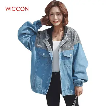 

Blue Spliced Women Jacket Coat Denim Autumn Plus Size Long Sleeve Cardigan Femme Fashion Loose Outerwear Hooded With Hat
