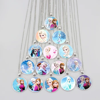 

15pcs/set Children's Pendant Ladies Jewelry Necklace Round Princess Elsa Anna Snow Queen Handmade Artwork Sweater Chain PN001