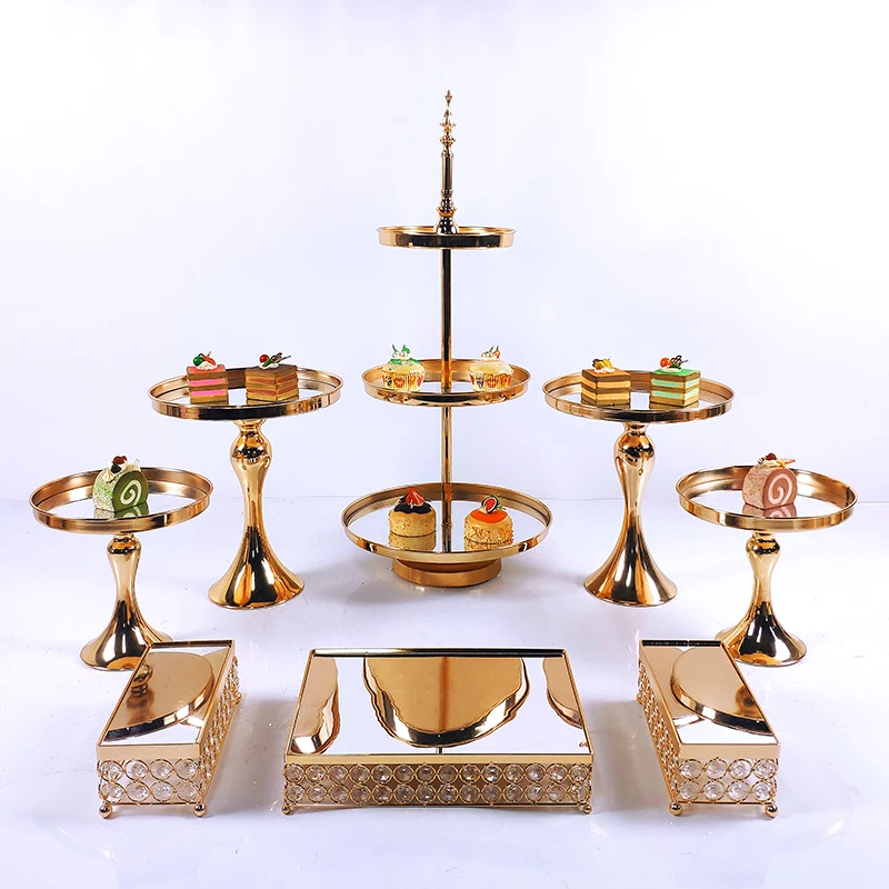 

5-8pcs Crystal Metal Cake Stand Set Acrylic Mirror Cupcake Decorations Dessert Pedestal Wedding Party Display Tray