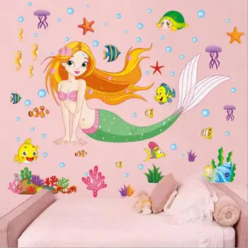 

Beautiful Mermaid Princess Bedroom Wall Stickers Children Room Decoration Decals PVC Bathroom Waterproof Stickers