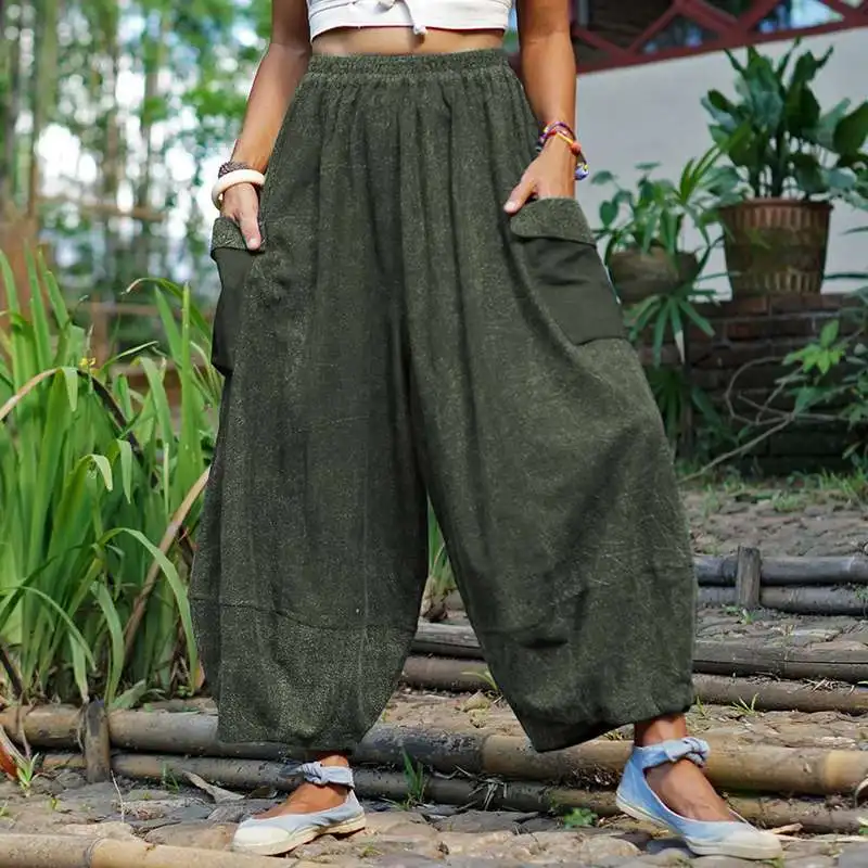 Casual Trousers Leg-Pants Cotton Palazzo VONDA Elastic-Waist Streetwears Loose Autumn