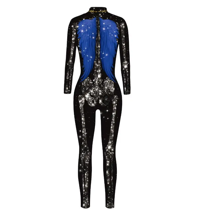 Scary Halloween Skeleton Print Costume Adult Women Horror Carnival Joking Catsuit Jumpsuit Long Sleeves Bodysuit For Lady Girls
