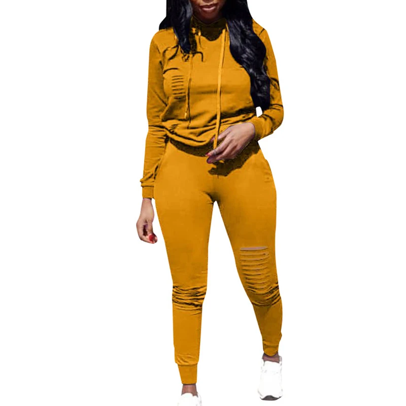 

LITTHING 2019 New Women Casual Ripped Hole Pullover Hoodie Sweatpants 2 Piece Sport Jumpsuits Outfits Set Solid Tracksuit Suit