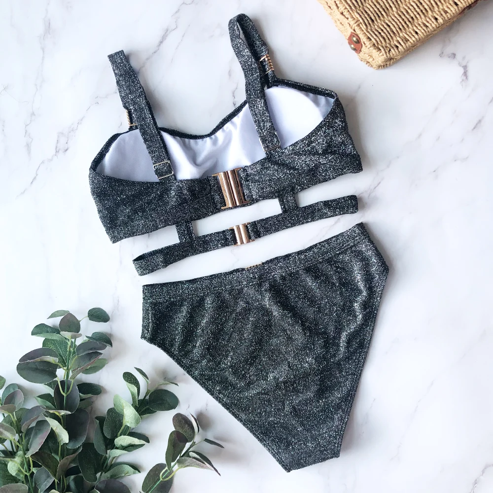 Сексуальные бразильские бикини для женщин блестящий комплект с высокой талией