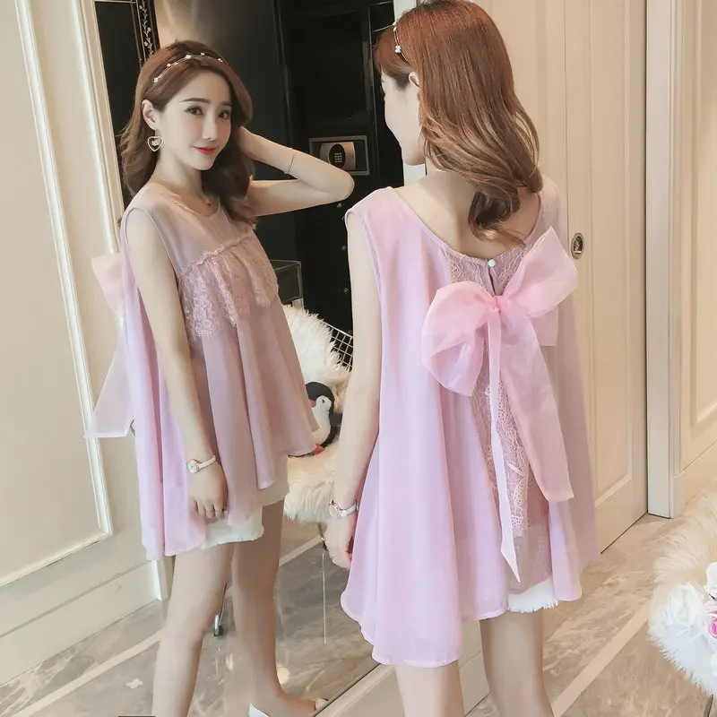 

2018 New Style Maternity Clothes Summer Wear Chiffon Bow Tops Abdominal Support Shorts Set Tops Loose-Fit Two-Piece Set