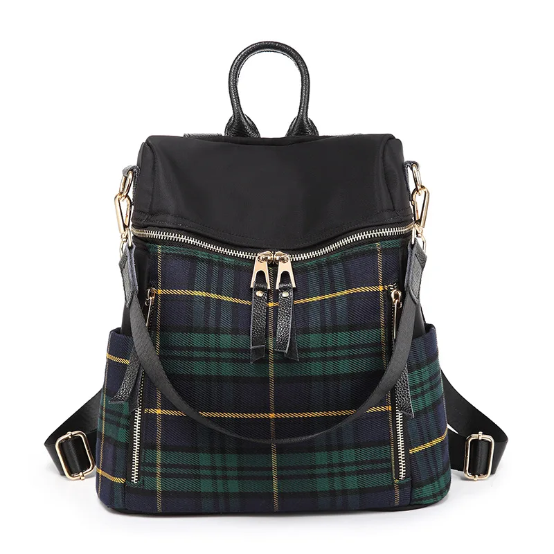 

Plaid Backpack Women's 2019 New Style Korean-style Fashion Large-Volume Oxford Cloth with Leather Casual Versatile Dual Purpose