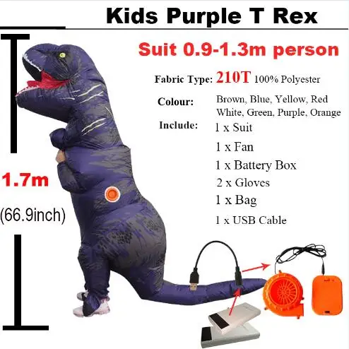 Мир Юрского периода 2 Велоцираптор Костюм надувной T REX динозавр костюм Хэллоуин Косплей Взрослый фантазия Раптор талисман костюм - Цвет: Kids Purple T rex