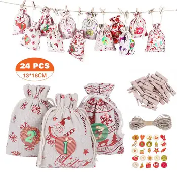 

24PCS Advent Calendar Christmas Countdown Bag Candy Sack Linen Reusable Pocket Stickers Rope 2021 Christmas Gift Storage Pouches