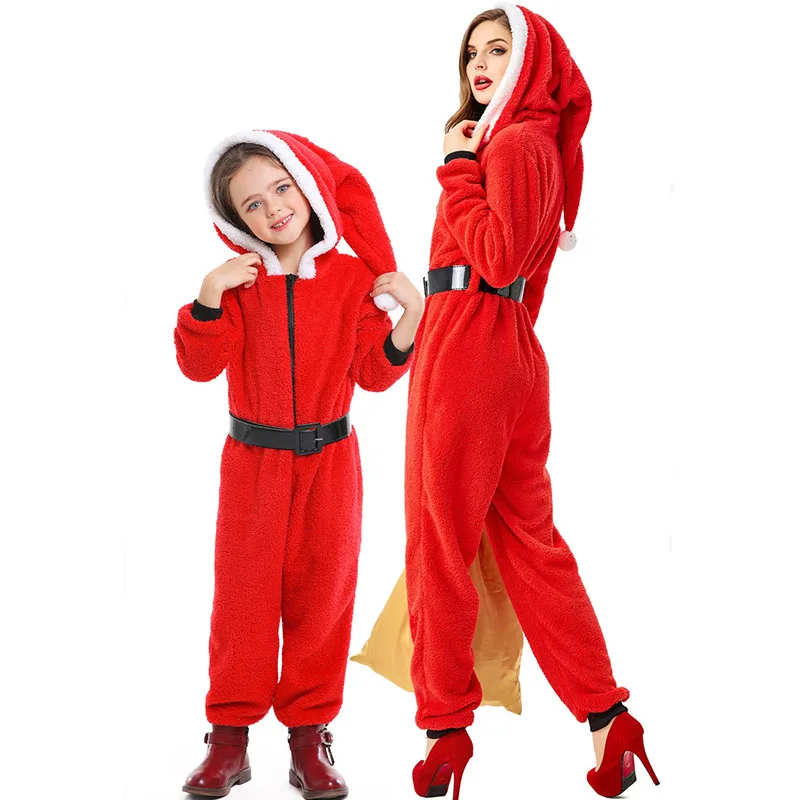 Год Для женщин детские комбинезоны, пижамы Рождественский карнавальный костюм Санта Клаус кораллового цвета флисовое пальто с бархатными вставками и Красной пижамы зеленого цвета пальто форма