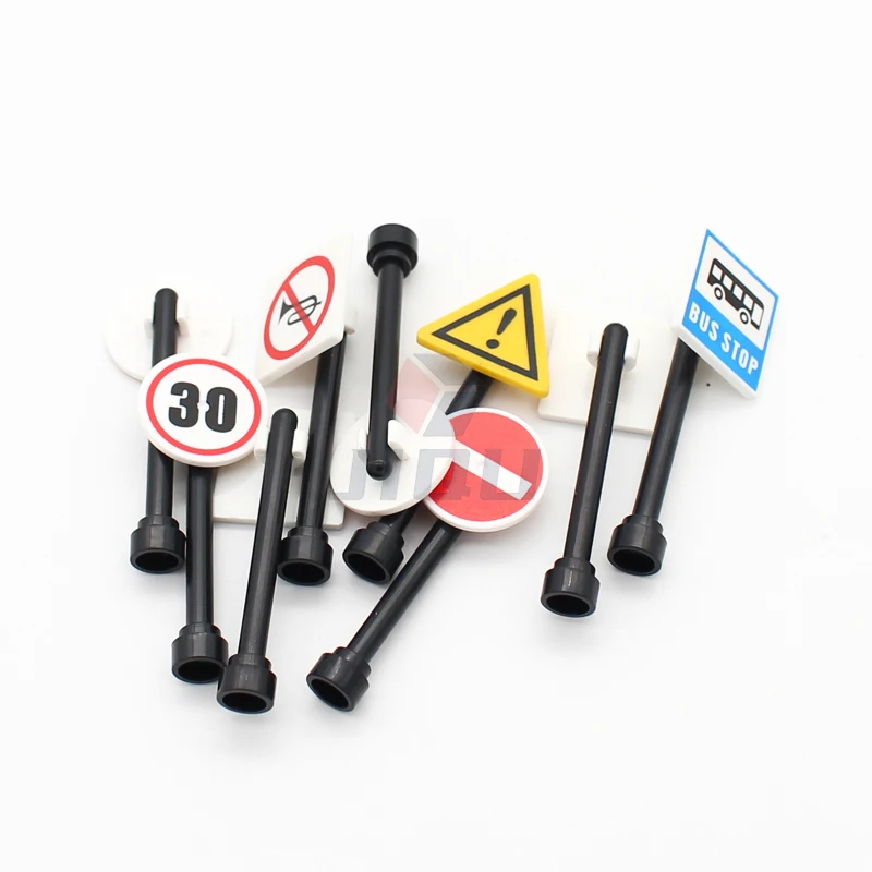 MOC City Traffic Parts 2x2 Road Sign Printed Tile 15210 30258 892 Compatible Street View Signpost Bulk Accessory Building Blocks 2