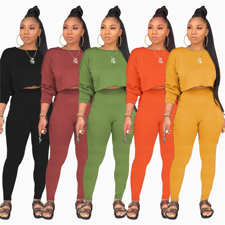 A080516 best price round neck solid candy color crop top pocket high waist ladies pants 2 piece sets