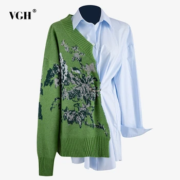 

VGH Patchwork Hit Color Knitting Shirts Female Lapel Collar Long Sleeve Tunic Irregular Blouses Women Fashion 2020 Clothing Tide