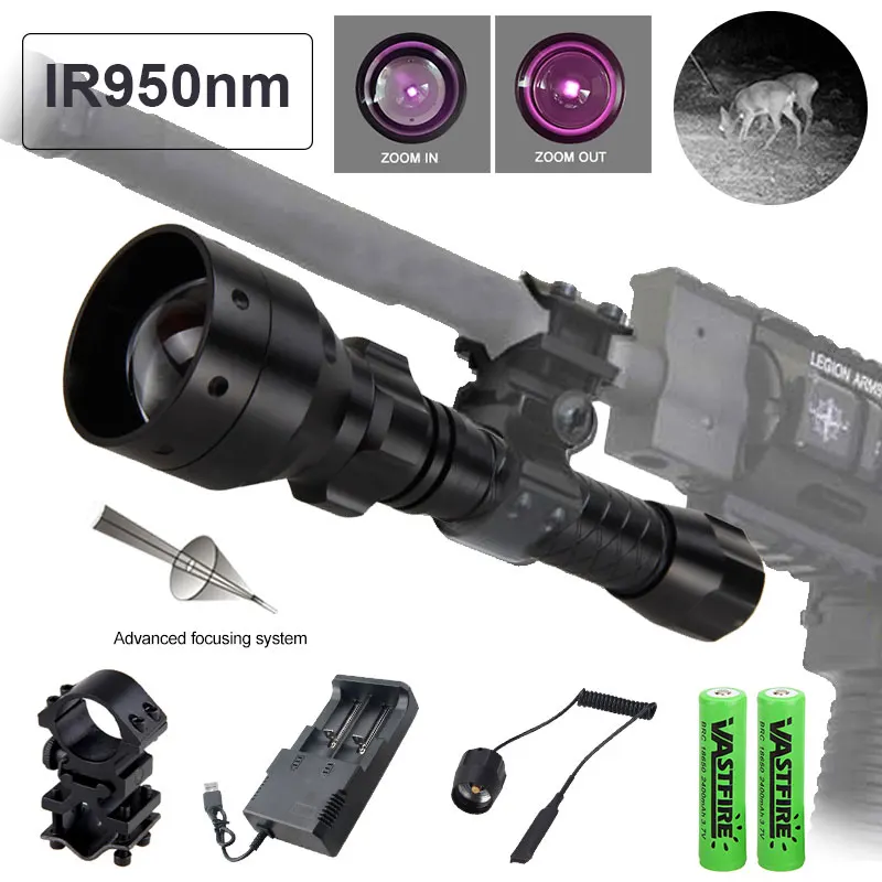 Zoomable Adjustable IR 850nm/940nm Infrared Light Hunting Flashlight Black Night Vision Torch+18650 Battery+Rifle Scope Mount pocket flashlights Flashlights