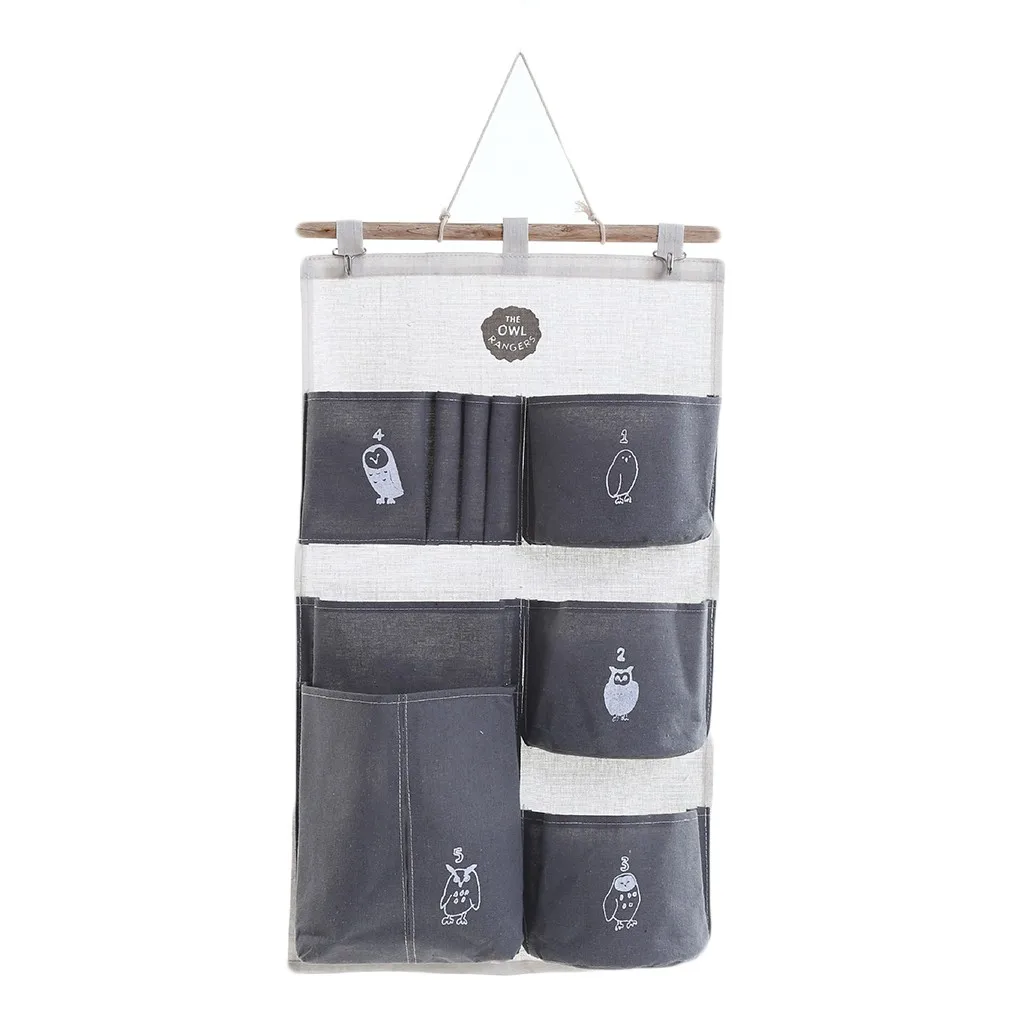 Multi-Storey Wall Hanging Storage Bags Cotton Linen Door Organizer Waterproof Pouch Bedroom Home Office Container - Color: Gray
