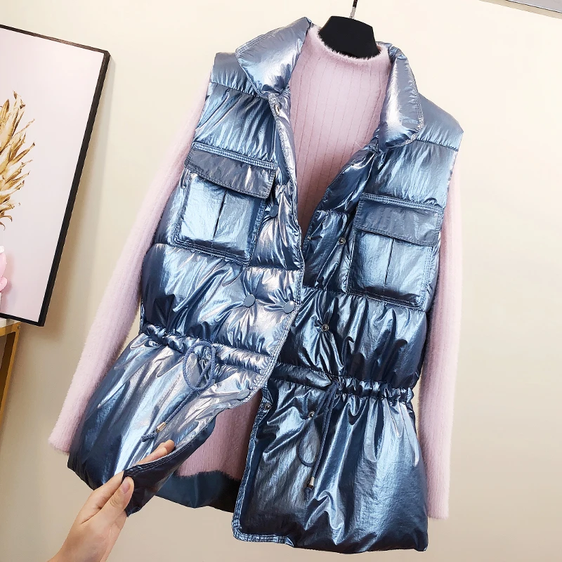 blue vest Женский жилет, новинка, Осень-зима, жилет на шнурке, хлопковый жилет для женщин, свободный, яркий, с хлопковой подкладкой, женский жилет для студентов - Цвет: blue vest