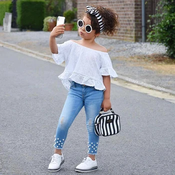 

2020 TALLOLY children European and American children's clothing lace middle-sleeve beaded denim trousers girl suit autumn