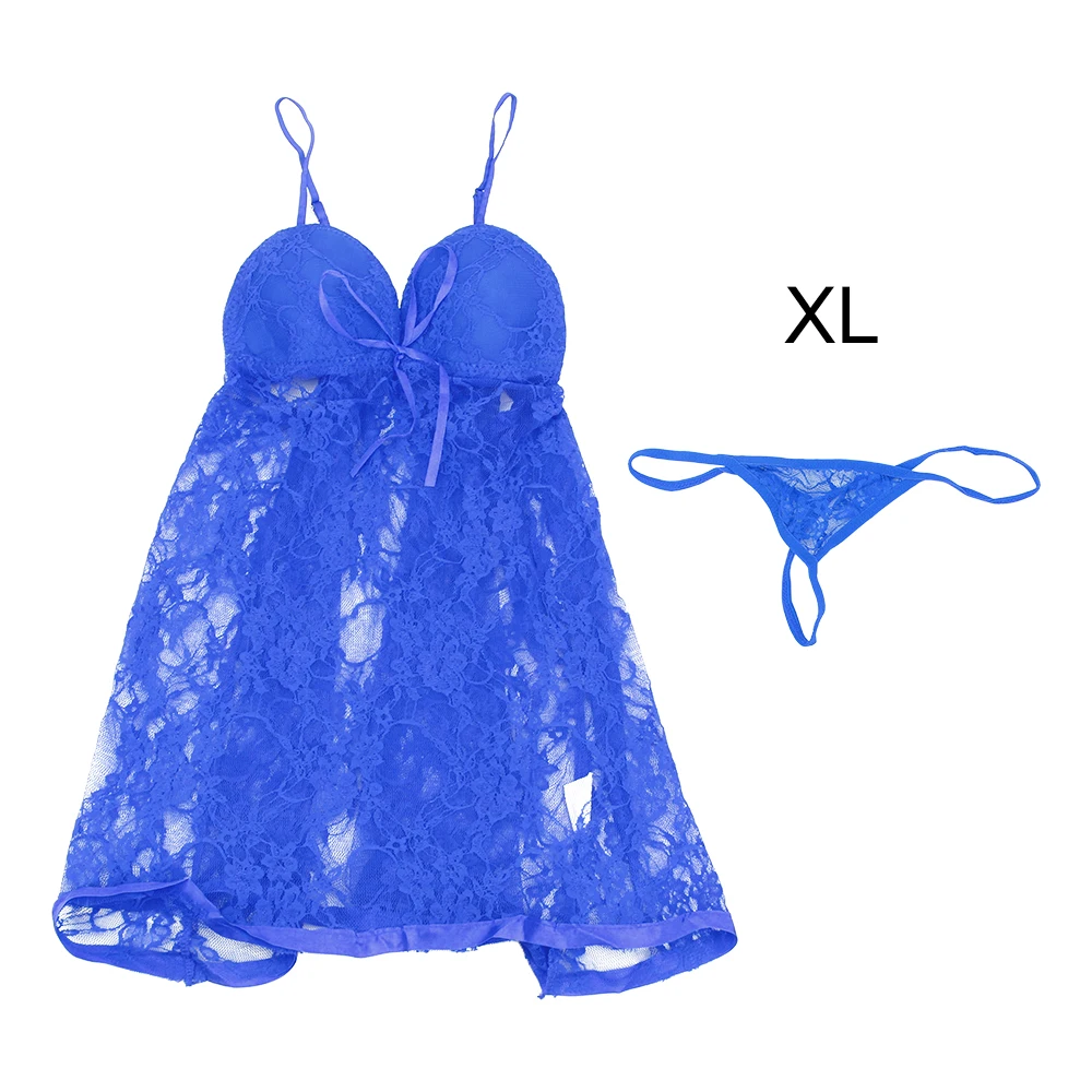 IKOKY размера плюс кружева Babydolls& Chemises женское платье+ стринги Эротическое Дамское белье сексуальные пижамы костюм Экзотическая одежда - Цвет: blue XL