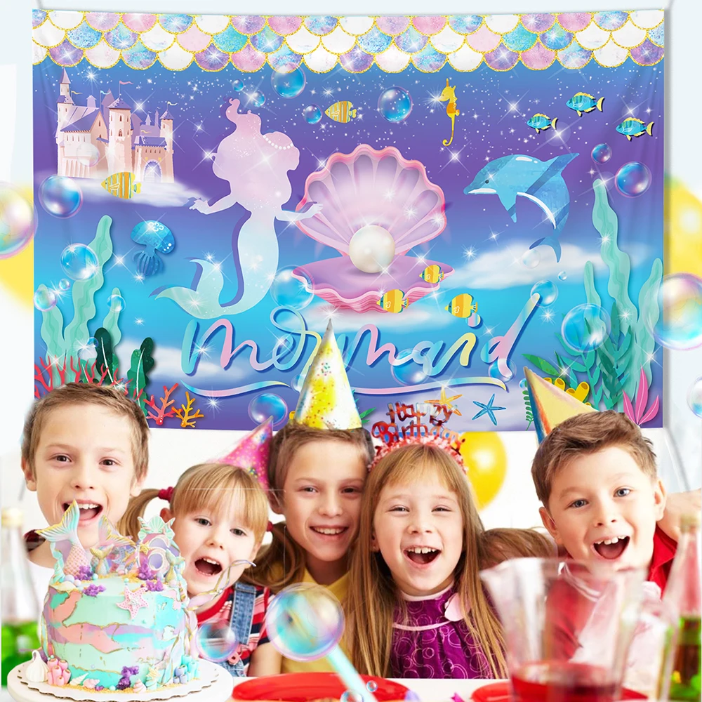 

100*150cm Sweet Girl Mermaid Stars Sea Animals Baby Shower Party Backdrops Kids Baby Shower Happy Birthday Party Decorations