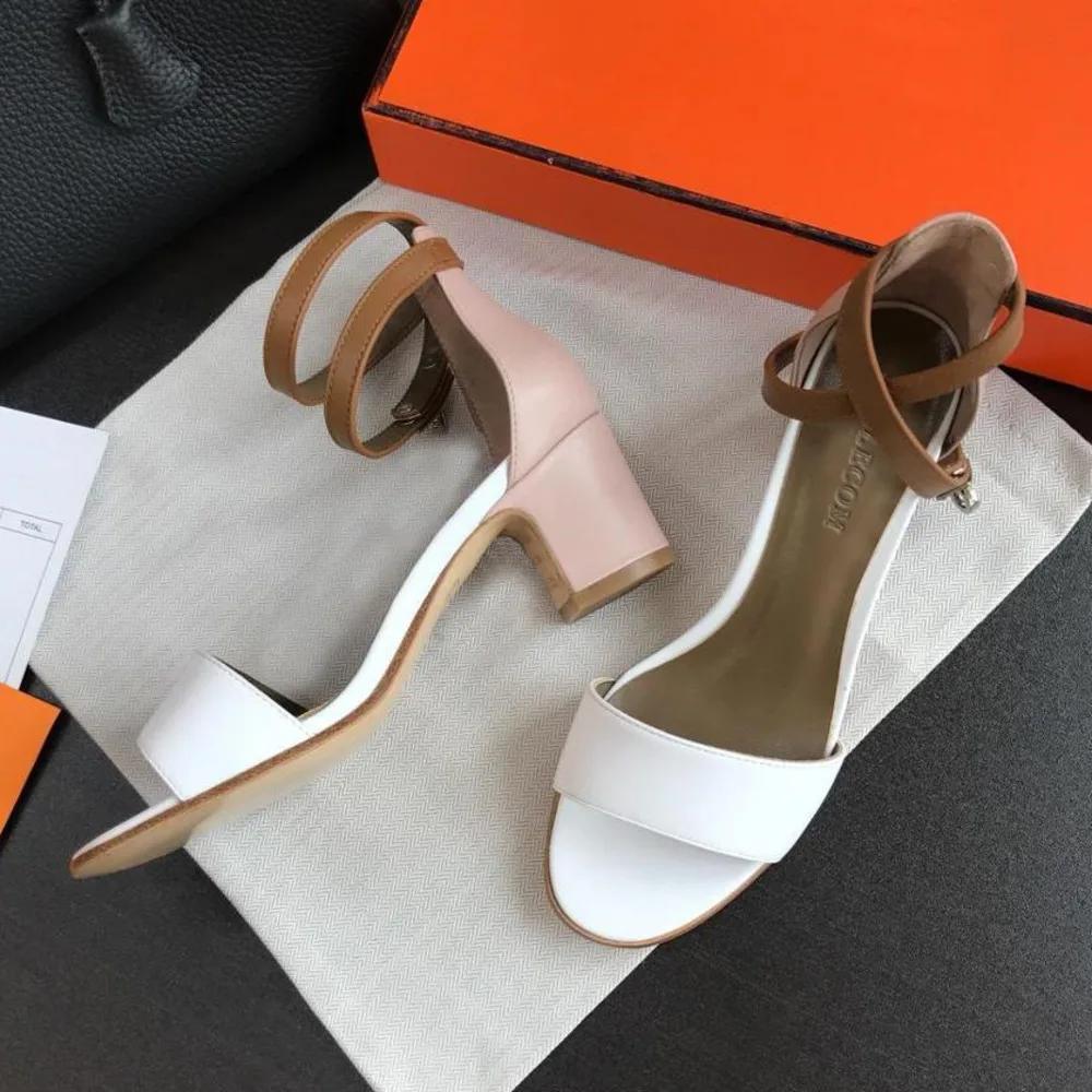 

SONFRNCH 2019 summer one-button sandals summer leather high heels chunky toe open toe versatile women's shoes