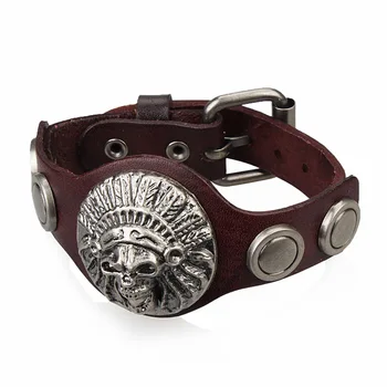 

Vintage Creative leather stitching Bracelet Retro fashion Charm Indians Alloy men's hip-hop wristband