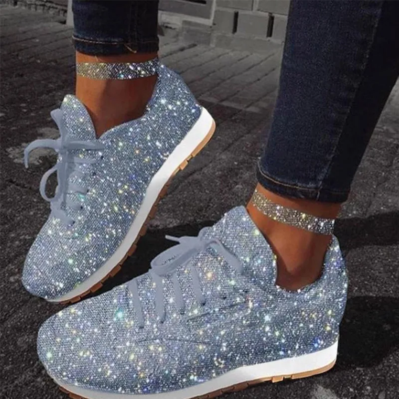 

2020 Autumn Women Flat Bling Sneakers Casual Vulcanized Shoes Female Mesh Lace Up Ladies Platform Comfort Plus Size Fashion