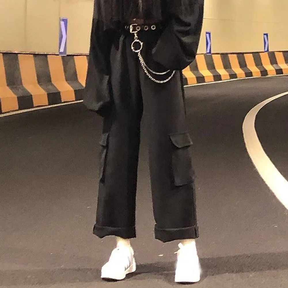 

Rosetic BF Style Wide Leg Cargo Pants Women Streetwear Cool Gothic Fashion Preppy Style Pockets Jogger Black Sweatpants Loose