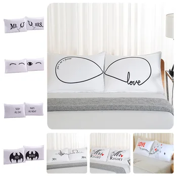 

Fashion Personality White Couple Pillowcase Black Cartoon Pattern Bedding Pillowcase English Alphabet Rectangular Pillowcase