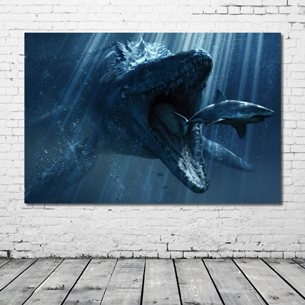 深海 Mosasaurus サメ画像映画ジュラシック 世界ポスターやプリントシルク絵画キャンバス壁アート現代家の装飾 絵画 書道 Aliexpress