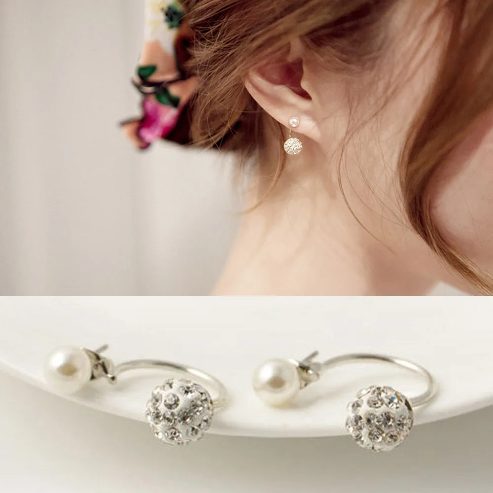 New Fashion Cute Compact Pearl Ear Stud Women Lady Girls Double Ball Alloy Crystal Rhinestone Earrings Chic Gift MV66 | Украшения и