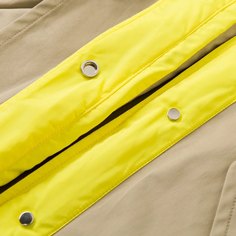 DEAT new winter fashion desings clothes full sleeves yellow patchwork kahki color hooded windbreaker with belt WJ89104L