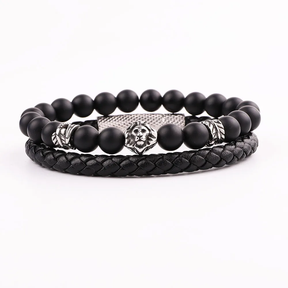 Men Bracelet Set New Design Stainless Steel Vintage Leaf Feather Charm Lion Natural Stone Genuine Leather Bracelet Men - Image 5