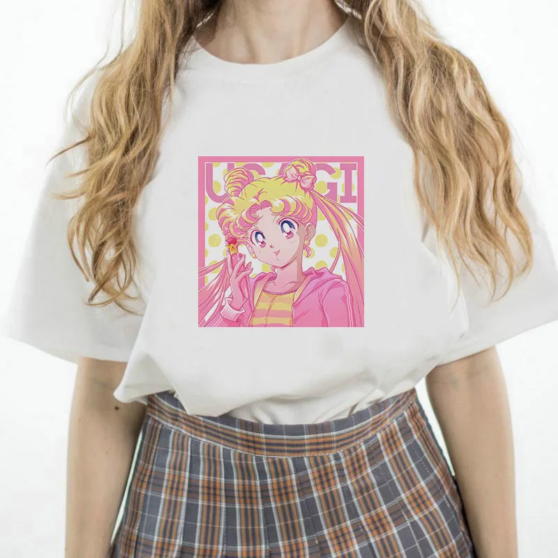 Sailor Moon летняя футболка для женщин Harajuku короткий рукав забавная футболка Ulzzang футболка с милым котом женские футболки с героями мультфильмов